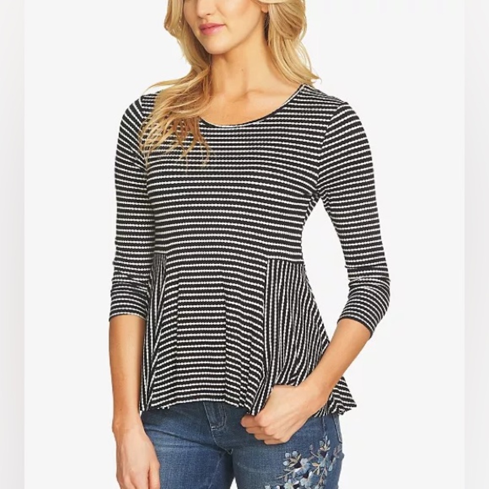 CeCe Striped Black and White Peplum Top M